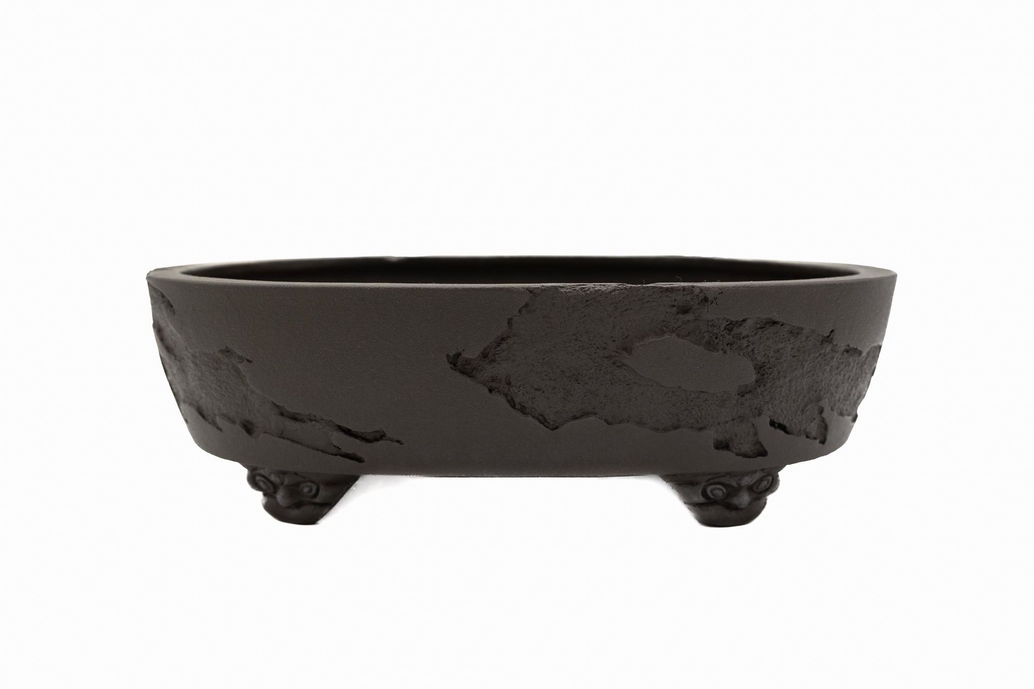 Grand pot ovale non émaillé pour bonsaï – Bordure décorative, texture vermoulue, pieds robustes