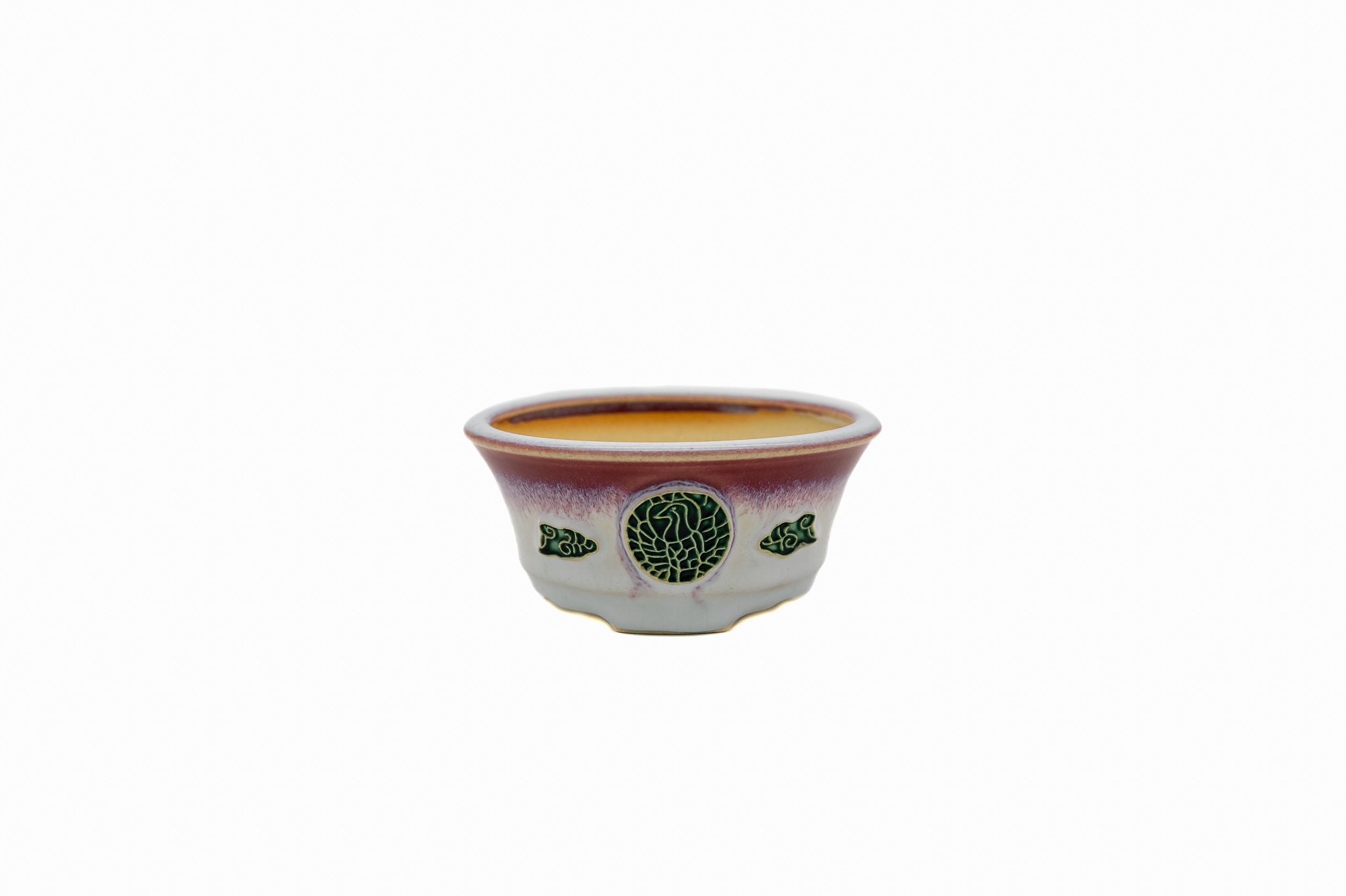 Petit pot rond pour bonsaï – Glaçure blanche bicolore, médaillon de grue