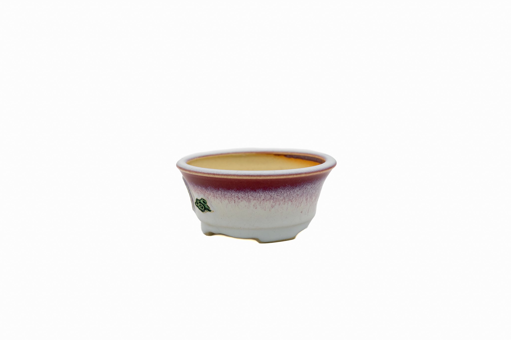 Petit pot rond pour bonsaï – Glaçure blanche bicolore, médaillon de grue