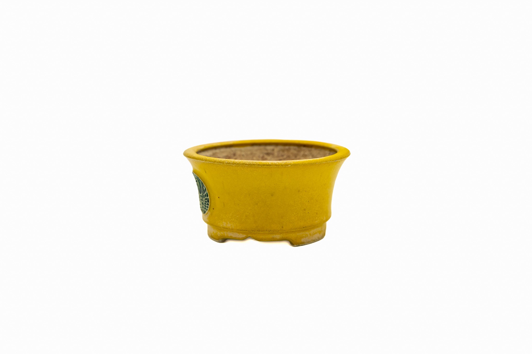 Petit pot rond à bonsaï – Glaçure jaune, Médaillon vintage