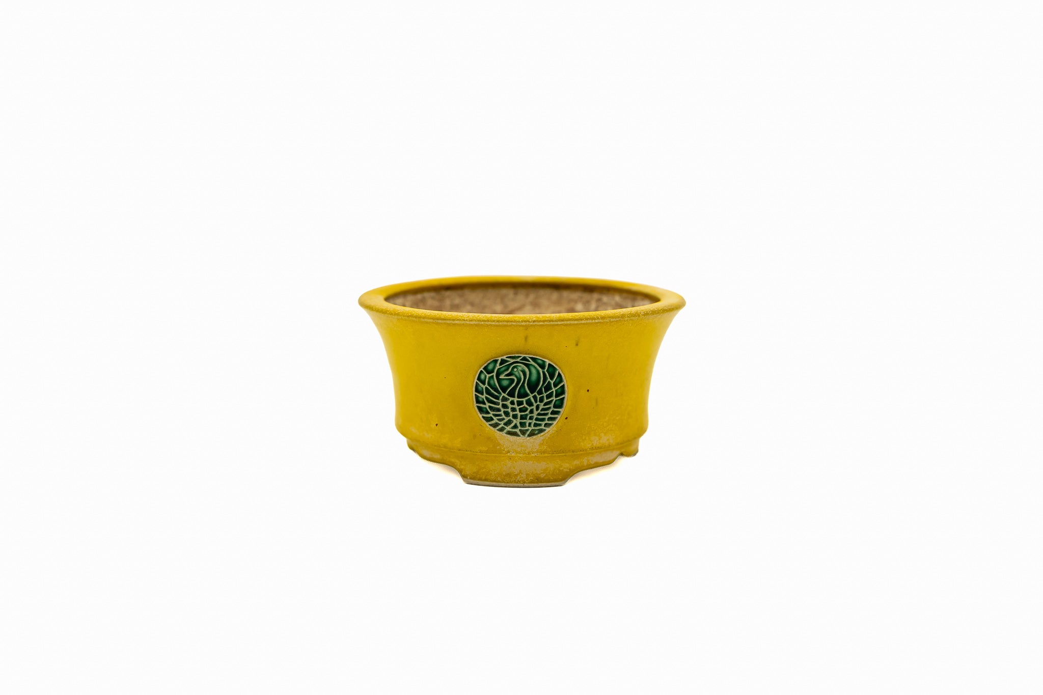 Petit pot rond à bonsaï – Glaçure jaune, Médaillon vintage