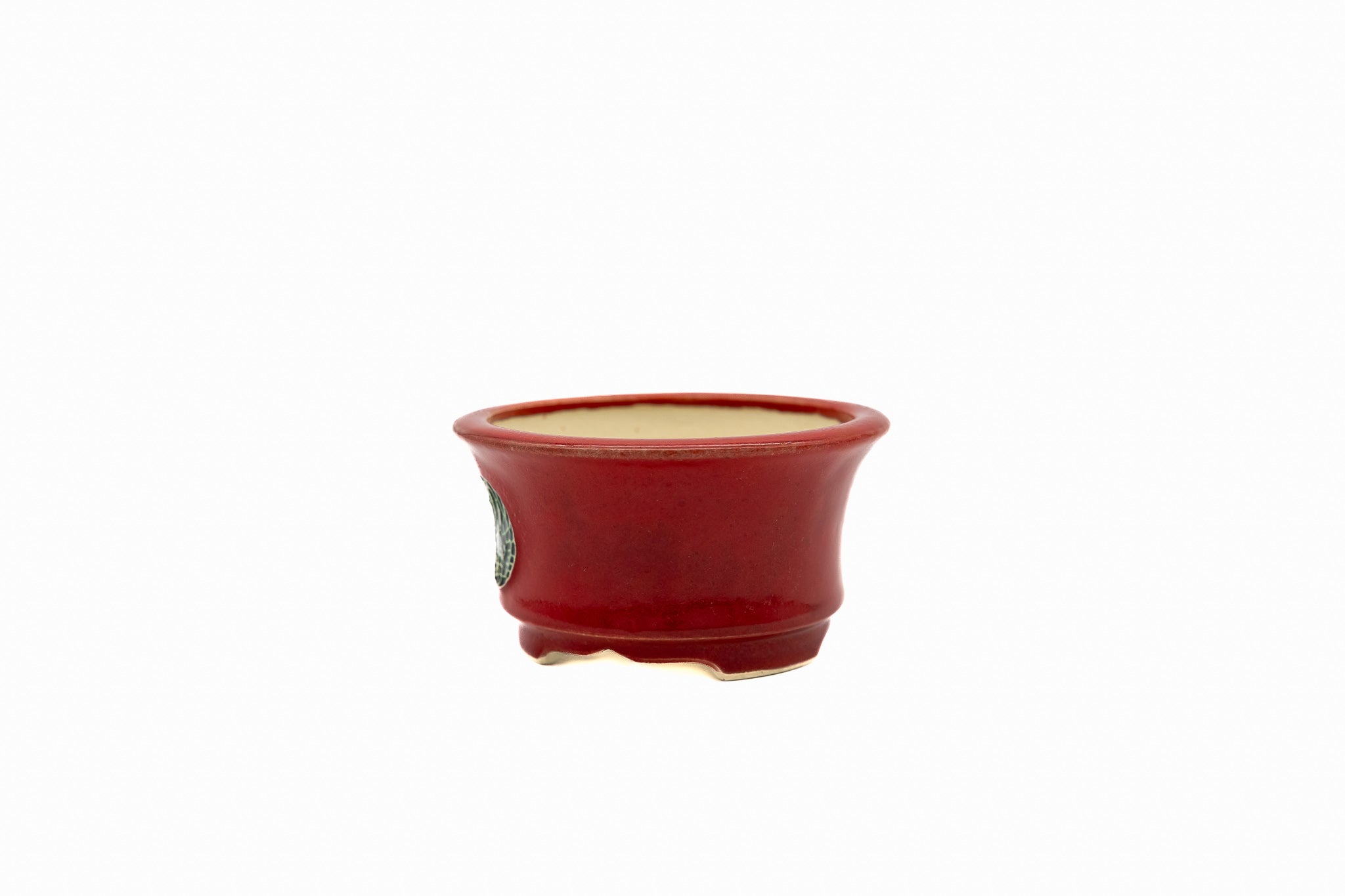 Petit pot rond pour bonsaï – Émail rouge, forme audacieuse