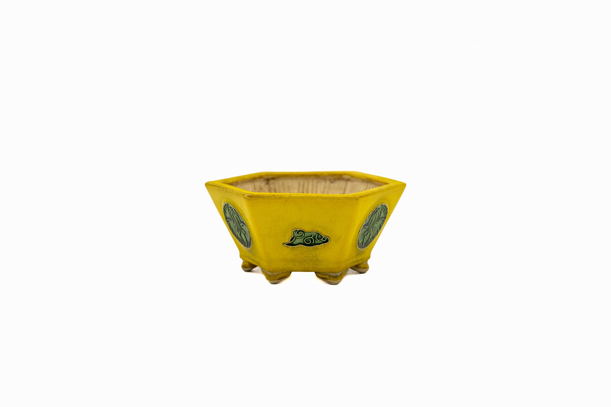 Petit pot hexagonal pour bonsaï – Glaçure jaune, Médaillon vintage