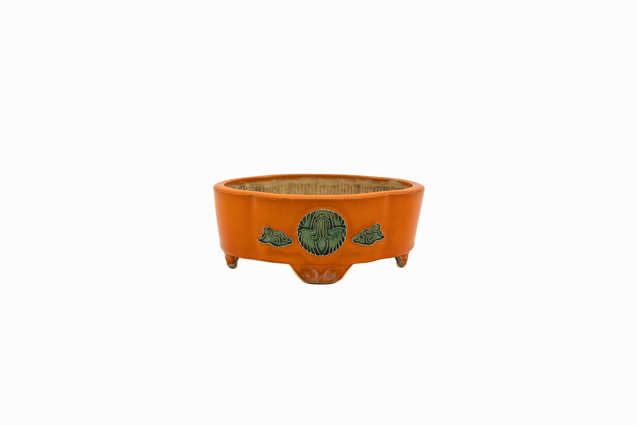 Petit pot rond à bonsaï – Émail orange moka, médaillon sculpté à la main